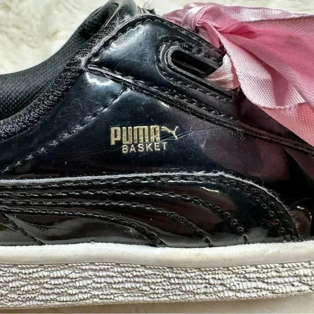 Puma Basket Heart Patent Black Sneakers  Pink Laces Size 8 - Picture 6 of 16